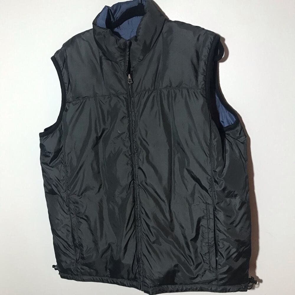 Eddie Bauer mens L tall reversible goosedown puffer vest black blue gorpcore
